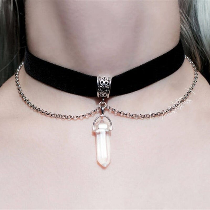 Fashion Black Velvet Collar Natural Transparent Quartz Hexagonal Column Crystal Pendant Necklace Ladies Jewelry Gift