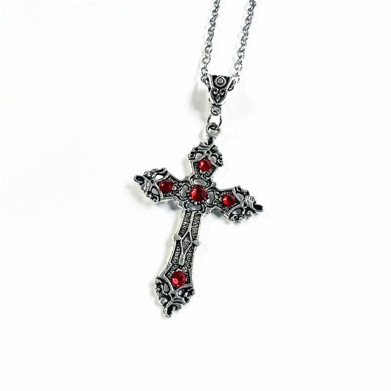 Gothic Large Baroque Christian Cross Pendant Necklace Micro Inlaid Red Crystal Christian Prayer Amulet Jewelry