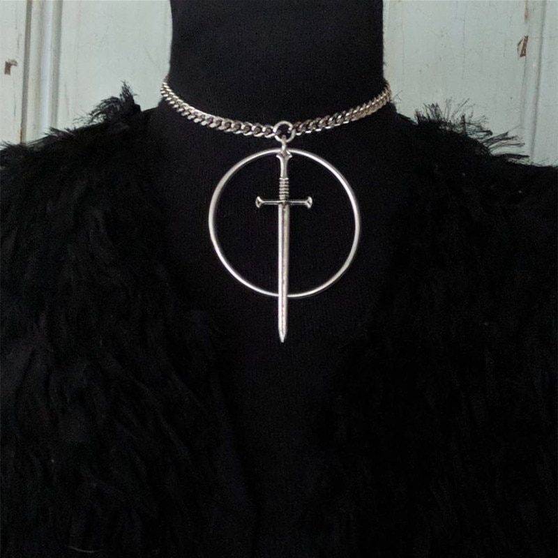 Gothic Sword Pendant Necklace Fashion Medieval Cold Weapon Retro Jewelry Silver Ring Thick Chain Necklace