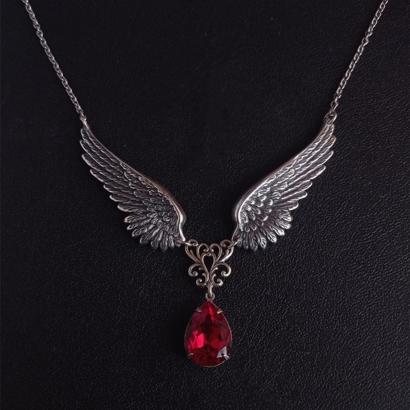 Gothic Angel Wings Necklace, Angel Guardian Red Acrylic Crystal Pendant, Aranwen Gothic Fashion Jewelry Couple Gift