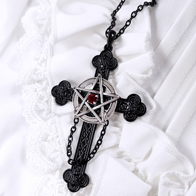 Gothic Satan Pentagram Black Cross Pendant Necklace Punk Rock Fashion Men And Women Retro Jewelry