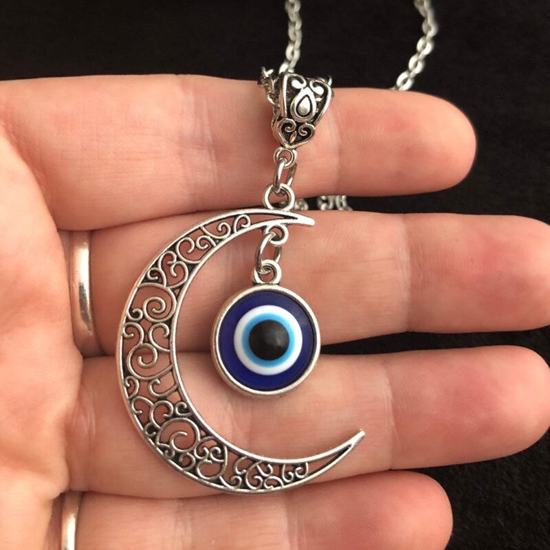 Filigree Moon Turkey Demon Eye Necklace 18 Inch Fatima Ling Buddha Blue Eye Religious Jewelry Women Protective Jewelry Gift