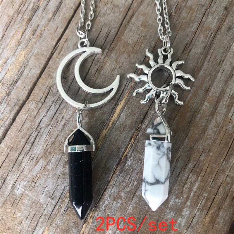 2pcs Set Of Sun And Moon Necklace, Natural Crystal Necklace, Sun Moon Bff Necklace, Healing Crystal, A Gift From A Good Friend