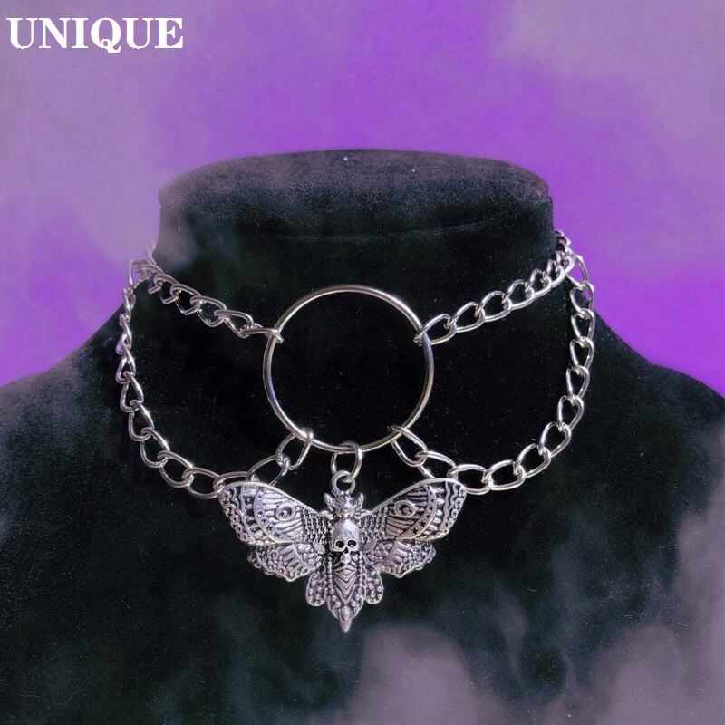 Gothic Choker For Women Men's Vintage Skull Pendant Necklace Fashion Witch Jewelry Moth Charm Necklace Halloween Party Gift