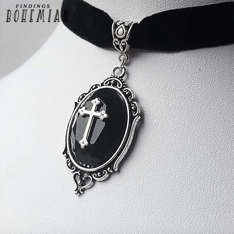 Victorian Black Velvet Necklace, Crystal Embossed Cross Necklace, Punk Vampire Cross Pendant, Handmade Jewelry, Gifts For Ladies