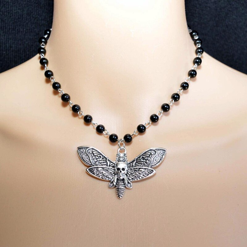 Gothic Death Moth Skull Pendant Necklace, Fashion Black Beads Rose Necklace, Women's Hip Hop Halloween Jewelry Gift