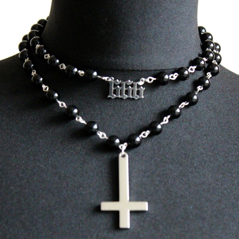 Gothic Rose Cross Pendant Chocolate Fashion Reverse Cross 666 Logo Hip-hop Punk Jewelry Gifts Black Rosary Necklace Trend
