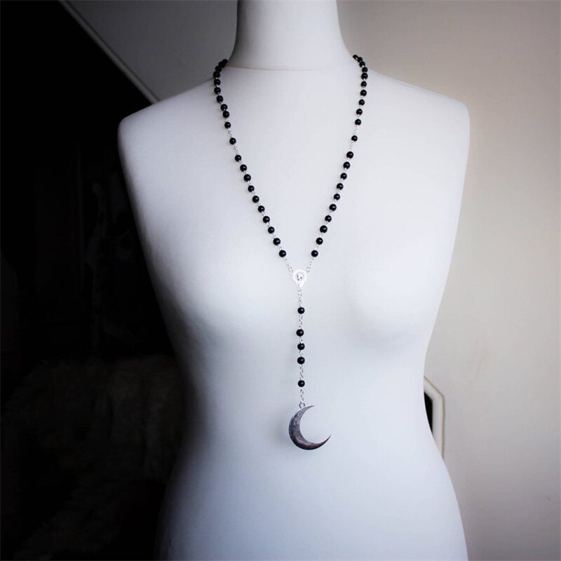 Fashion Black Beaded Rosary Necklace, Gothic Crescent Long Necklace, Witch Pagan Moon Phase Jewelry, Women's Jewelry Gifts