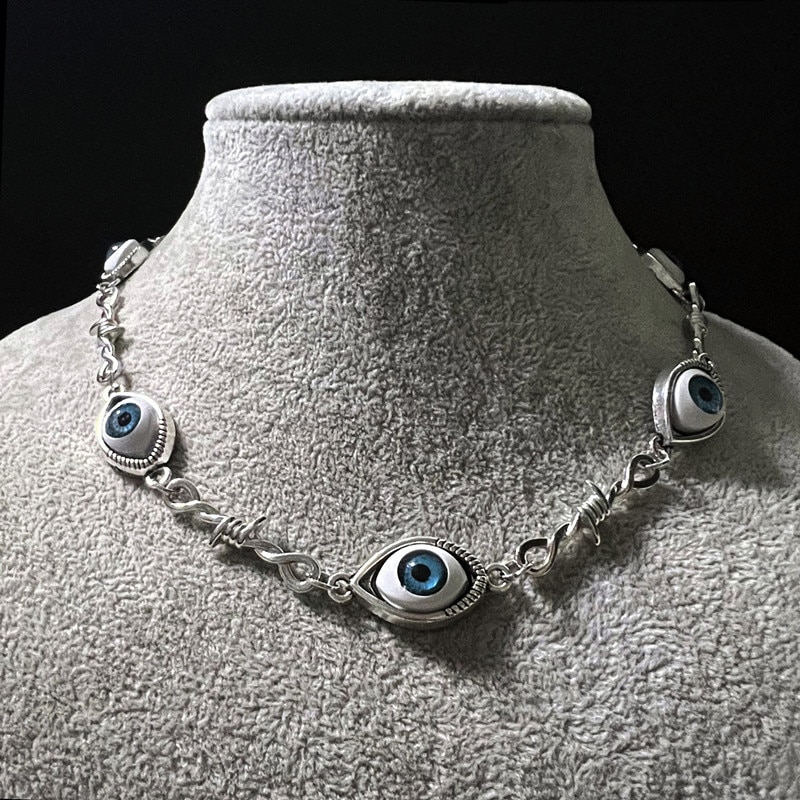 Blue Evil Eye Necklace, Alien Eyes Small Line Thorns Iron Unisex Necklace, Hip Hop Gothic Punk Style, Halloween Jewelry Gift
