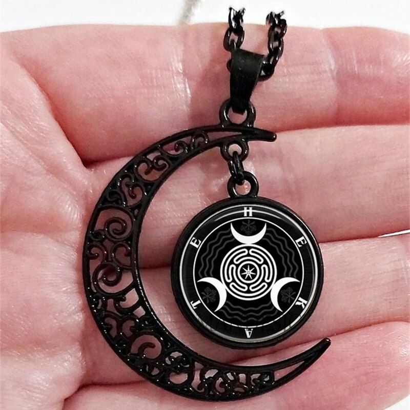 Fashion Black Crescent Hecate Sigil Necklace, Ancient Greek Goddess Jewelry, Hecate Pendant, Gift For Women