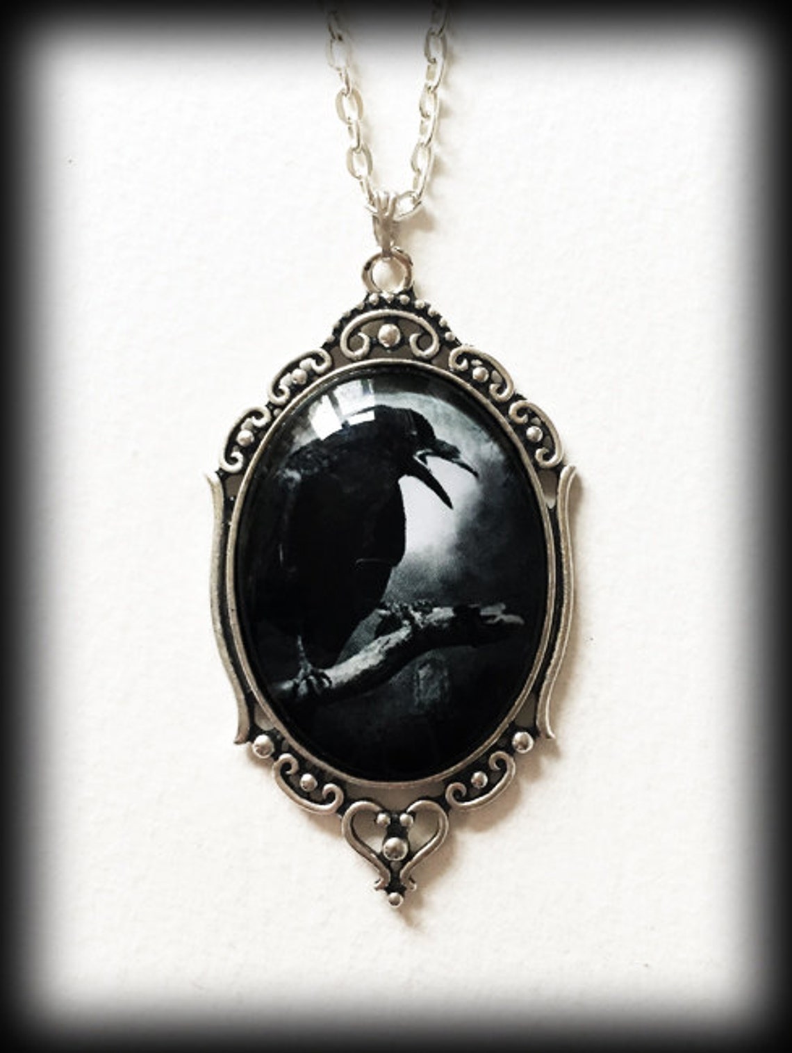 Gothic Raven Necklace, Crystal Glass Embossed Pendant, Gothic Jewelry, Alternative Jewelry, Edgar Allan Poe, Pagan Gift
