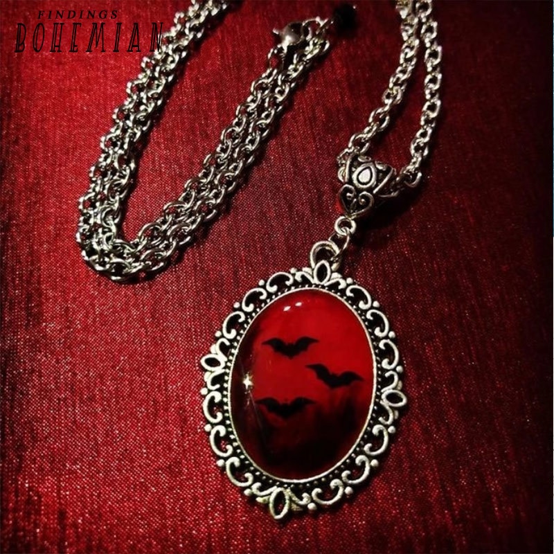 Gothic Vampire Bat Necklace, Crystal Embossed Pendant, Red Crystal Black Bat Necklace, Witch Necklace, Ladies Fashion Jewelry