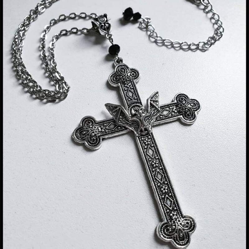 Gothic Vintage Filigree Vampire Bat Cross Pendant Necklace Witch Punk Jewelry Religion Christian Faith Collar Ladies Gifts