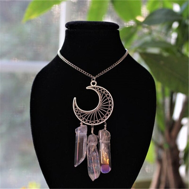 Natural Quartz Crystal Moon Necklace Bohemian Gothic Witch Moon Phase Celestial Body Jewelry Lady Gift
