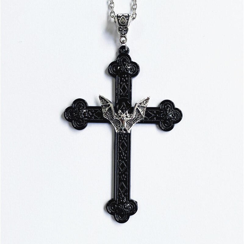 Gothic Vampire Bat Black Filigree Large Cross Necklace Retro Religious Christian Faith Collar Ladies Gift Jewelry