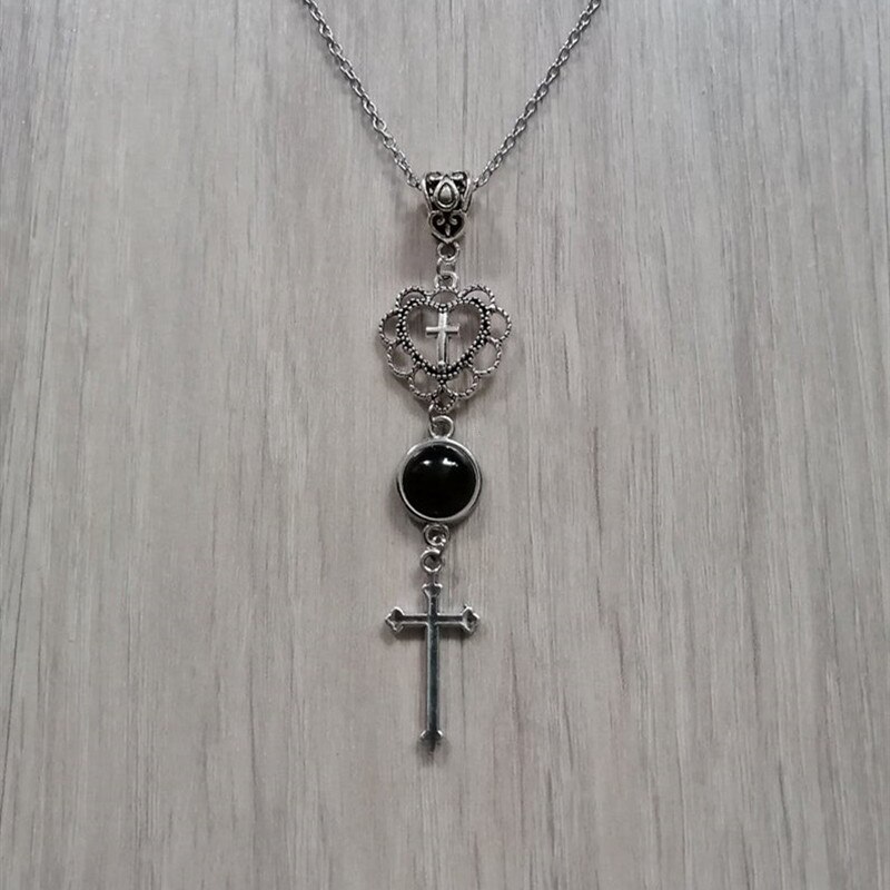 Fashion Cross Necklace, Pendant, Onyx, Black, Stone, Heart, Cross, Gothic Jewelry, Gothic Ladies Necklace