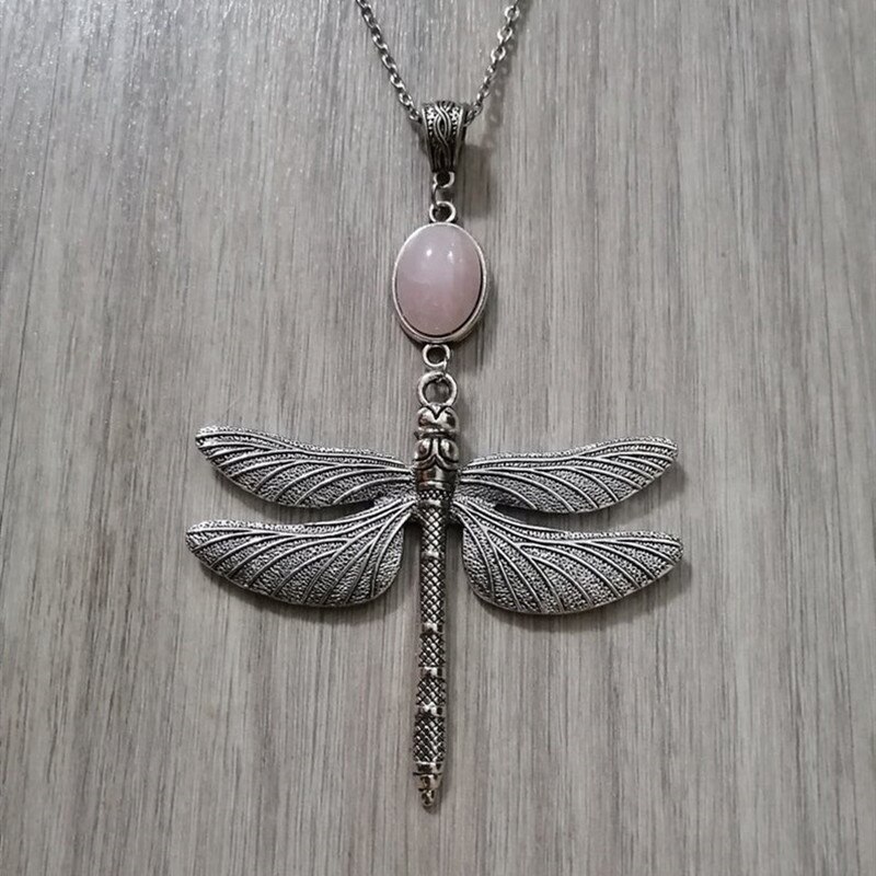 Vintage Large Dragonfly Pendant Long Chain Necklace Bohemian Style Dragonfly Pink Crystal Quartz Necklace Insect Jewelry