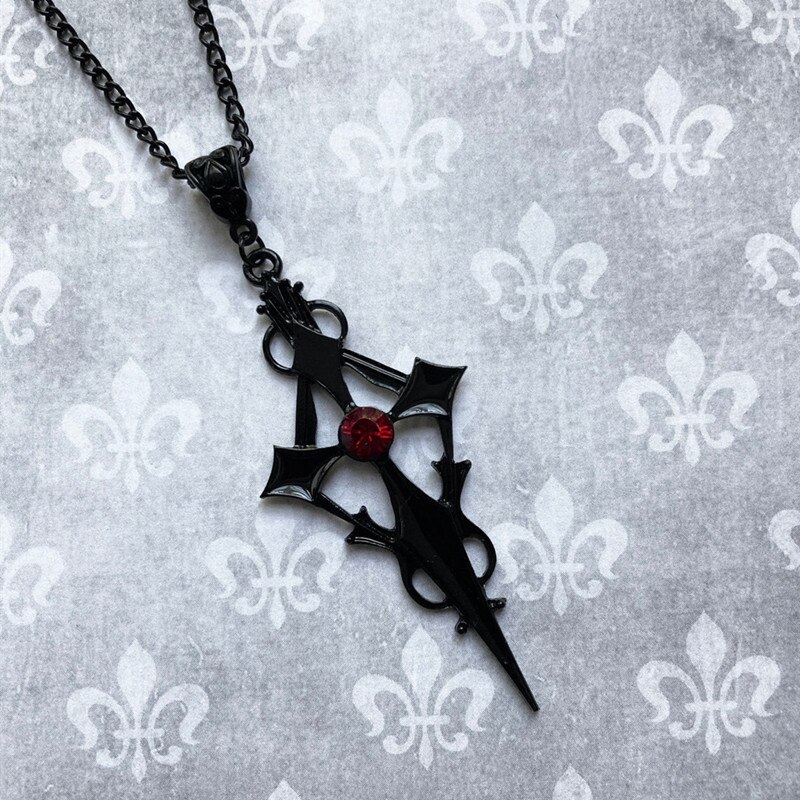 Black Pointed Cross Vampire Necklace, Gothic Jewelry, Micro Inlaid Red Crystal Dagger Cross Pendant, Women's Jewelry Gift