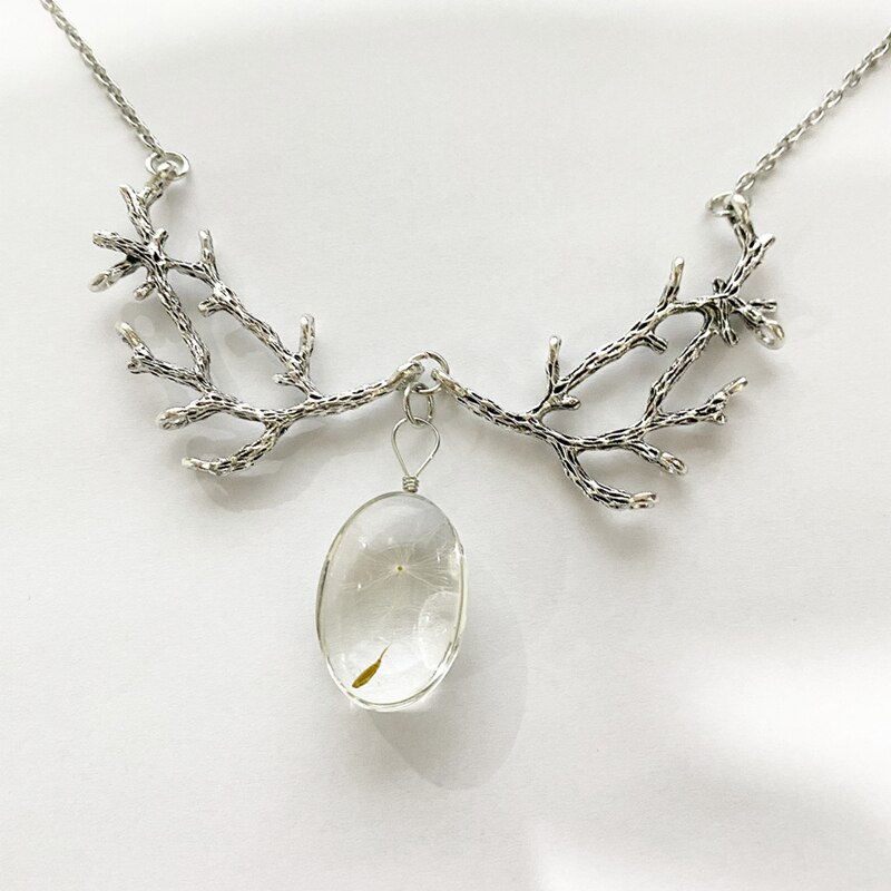Fashion Dandelion Glass Crystal Pendant Crescent Jewelry Witch Fantasy Forest Branch Necklace Witchcraft Gothic Jewelry
