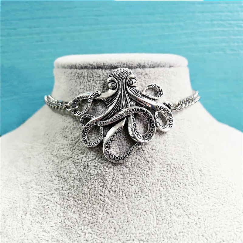 Fashion Vintage Large Octopus Necklace 14 Inch Thick Chain Men Women Silver Cropped Necklace Hip Hop Punk Jewelry Gifts
