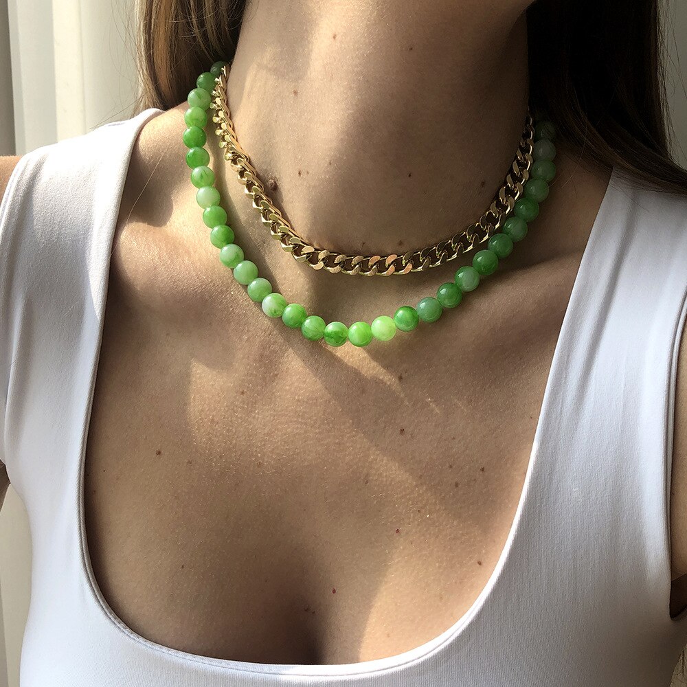 2021 Creative Acrylic Green Beaded Gold Color Thick Chain Geometric Round Metal Necklace For Women Girls Jewelry Gifts