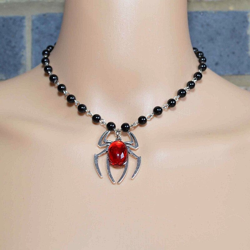 Gothic Spider Pendant Necklace, Silver Plated Red Crystal Spider Black Rosary Witch Collar, Halloween Women's Jewelry Gift