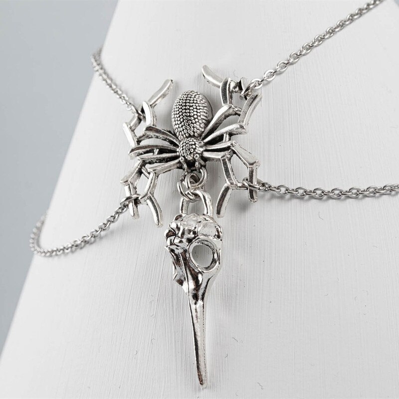 Fashion Vintage Men Dark Style Spider And Skull Pendant Ring Gothic Simple Personality Skull Punk Necklace Women's Jewelry