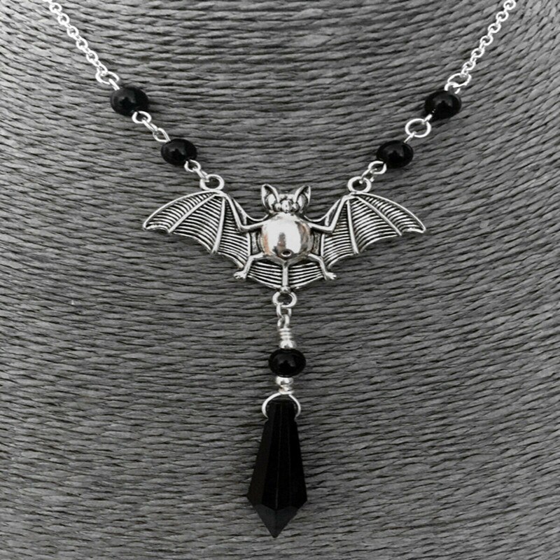 Gothic Halloween Necklace Evil Bat With Black Crystal Pendant Disguise Spooky Witch Pagan Halloween Jewelry Gift