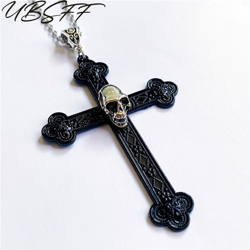 Gothic Black Filigree Large Cross Skull Necklace Retro Religious Christian Faith Collar Ladies Gift Jewelry