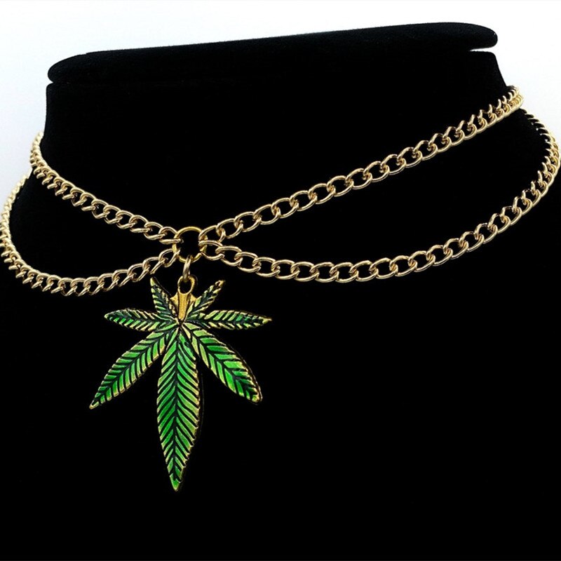 Green Maple Leaf / Potted Weed Leaf Pendant Necklace, Gold Double Chain Choker, Elegant And Unique Jewelry For Fashion Women