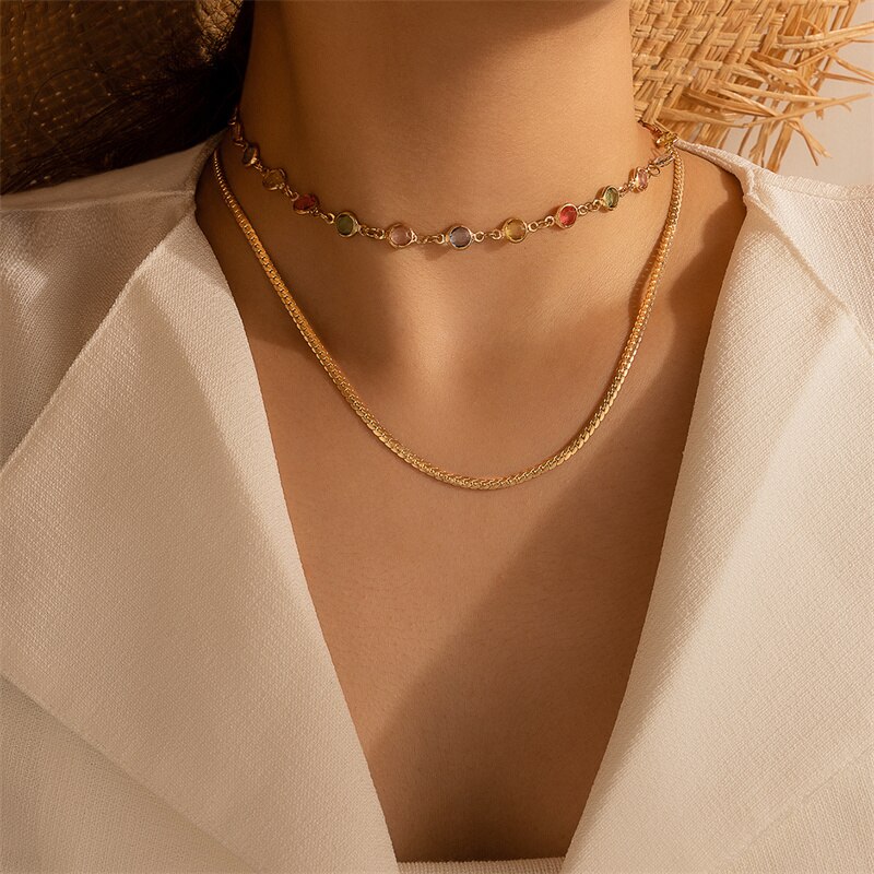 Boho Colorful Transparent Rhinestone Metal Round Double Layer Long Necklace Collar Clavicle Chain Choker For Women Jewelry Gifts