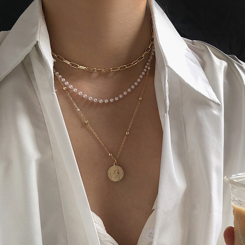 2022 Trendy Multilayer Metal Pearl Chain Necklace For Women Fashion Gold Color Portrait Coin Pendant Necklaces Jewelry Gift