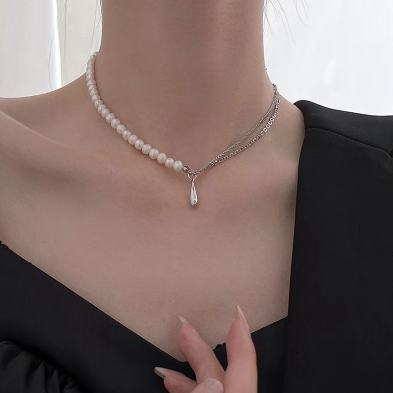 Vintage Imitation Pearl Silver Color Irregular Waterdrop Silver Color Metal Necklace For Women Jewelry Accessories