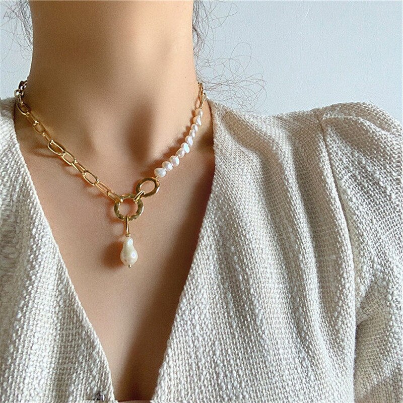Aomu Korean Retro Winter Irregular Natural Pearl Asymmetric Clavicle Chain Necklace For Female Chunky Chain Jewelry Gifts