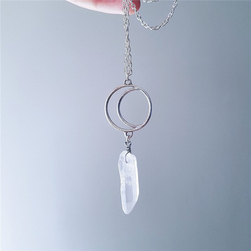 Silver Crescent Natural Transparent Quartz Crystal Necklace Fashion Witch Jewelry Bohemian Gothic Mysterious Festival Gift