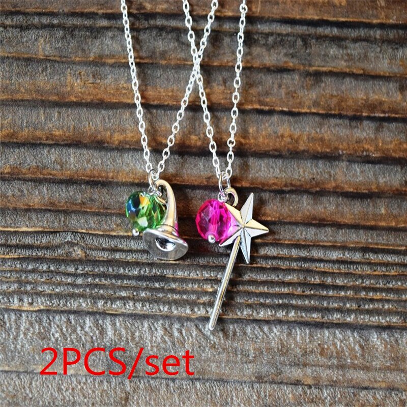 2pcs/set Of Witch Magic Wand Fantasy Crystal Pendant Wizard Hat Elphaba Glinda Sister Necklace, Gift For Girl