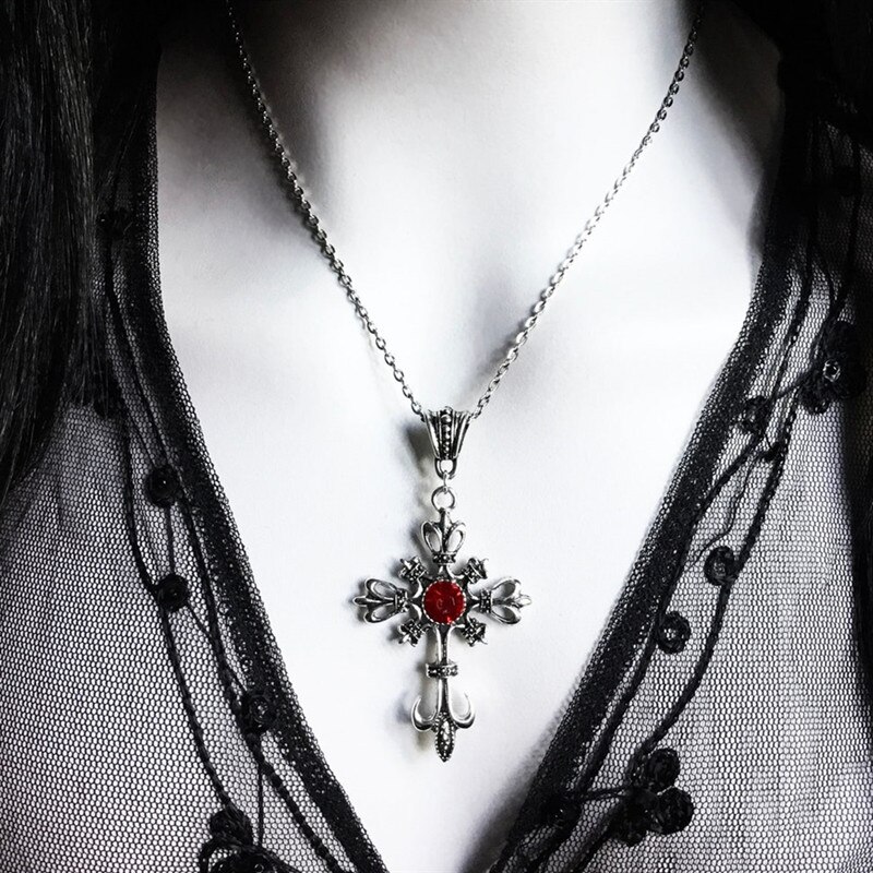 Vintage Large Cross Diamond Pendant Necklace Gothic Punk Jewelry Fashion Charm Declaration Women's Gift