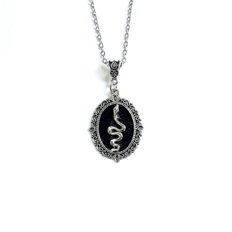 Vintage Filigree Border Gothic Snake Necklace, Crystal Embossed Pendant, Halloween Witch Crystal Necklace, Gift For Lovers