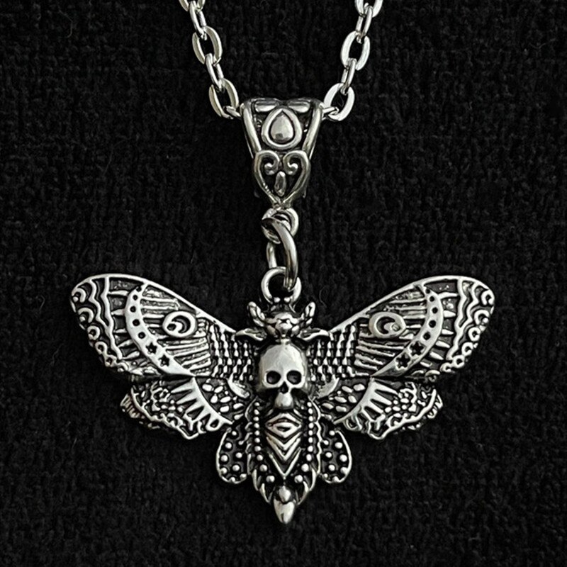 Dark Death Moth Pendant Necklace 18" Chunky Chain Sugar Skull Gothic Butterfly Rock Emo Fashion Punk Jewelry