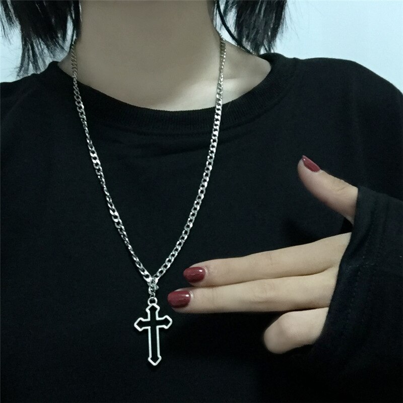 Retro Gothic Hollow Out Cross Pendant Necklace Kpop Cool Harajuku Street Egirl Men And Women Wholesale Neck Jewelry Gifts