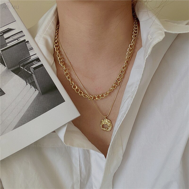 Aomu 1set Vintage Thick Chain Hollow Pendant Double Layer Gold Color Metal Necklace For Women 2021 Trend Party Jewelry