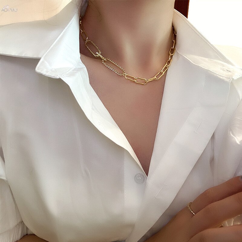 Aomu 2020 Korea Zircon Metal Chain Choker Simple Fashion Charm Necklace For Women Girls Jewelry Gifts