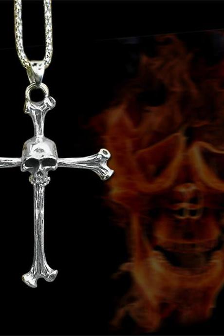 Men Vintage Skull Pendant Necklace Cross Jewelry Hip Hop Ghost Head Pendant Religious Belief Necklaces