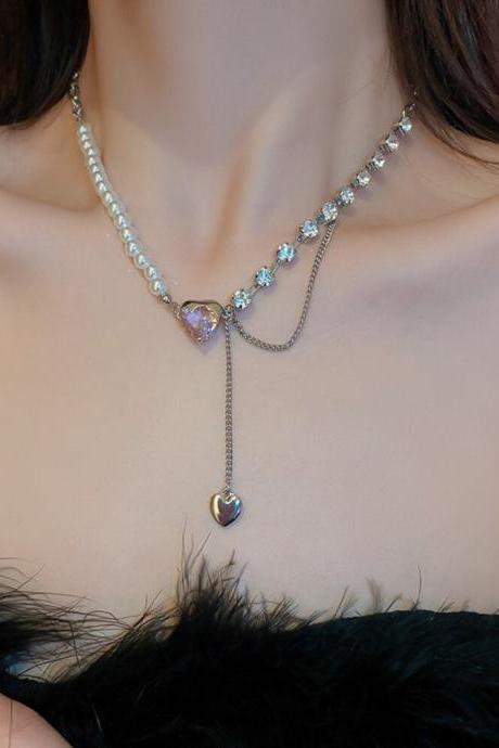 Fashion Pearl Necklace With Rhinestone Decoration Heart Pendent Tassel Clavicle Chain Jewelry Choker For Women