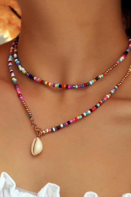 Simple Seed Beads Strand Choker Women Double String Beaded Bohemia Shell Pendant Necklace Birthday Party Gifts