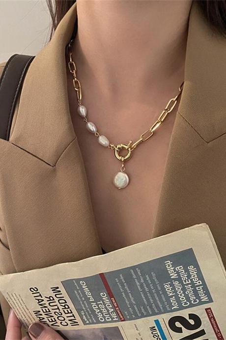 Ins Fashion Pearl Pendant Necklace Lady Gold Color Clasp Bead Zinc Alloy Chain Necklace For Women Birthday Jewelry Gift