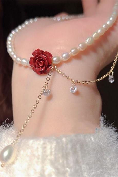 Fashion Pearl Necklace Vintage Multi-Layer Rhinestone Rose Pendent Clavicle Chain For Women Jewelry Anniversary Gifts