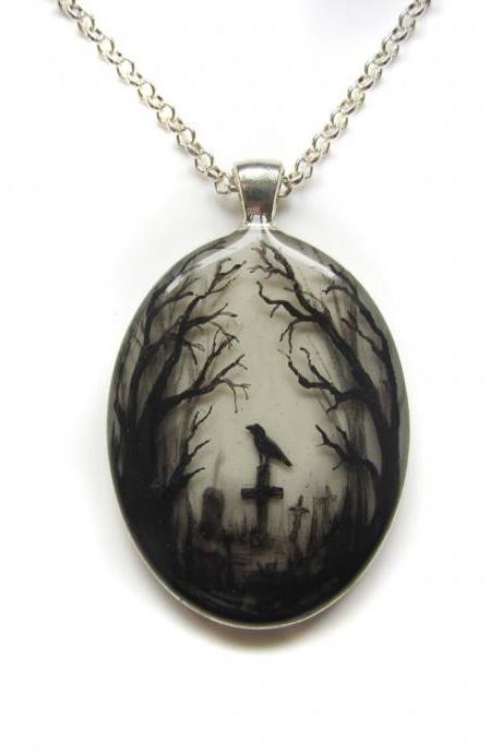 Gloomy Wooden Graveyard Hand Painted Oval Pendant Gothic Diorama Necklace Art Jewelry Raven Necklace