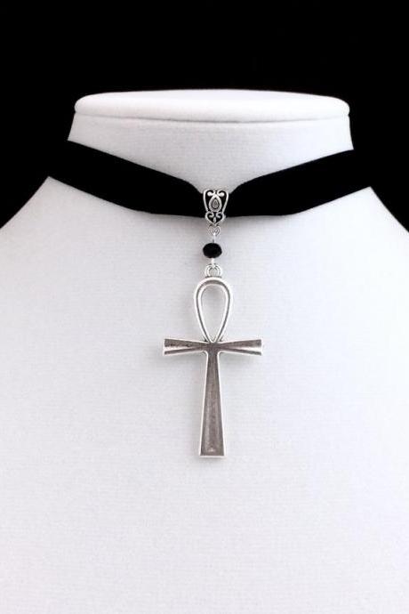 Fashion Ankh Necklace Black Velvet Collar Egyptian Cross Pendant Ankh Immortal Gothic Witch Jewelry Gifts For Women