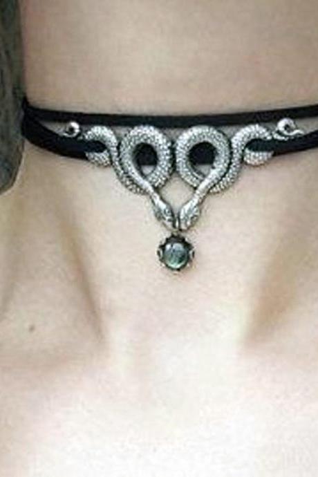 Gothic Snake Necklace Black Velvet Rope Chain Natural Stone Pendant Necklace Pagan Witch Witchcraft Jewelry Ladies Gifts